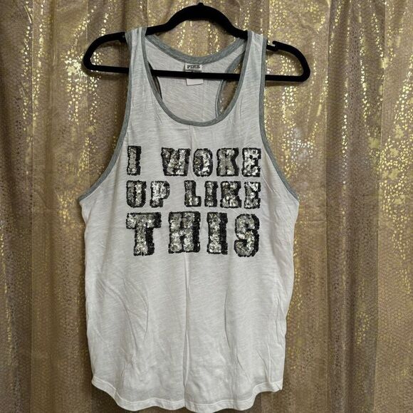 PINK Victorias Secret White Silver Black Sequin Bling Woke Up Tank Medium - Picture 1 of 5